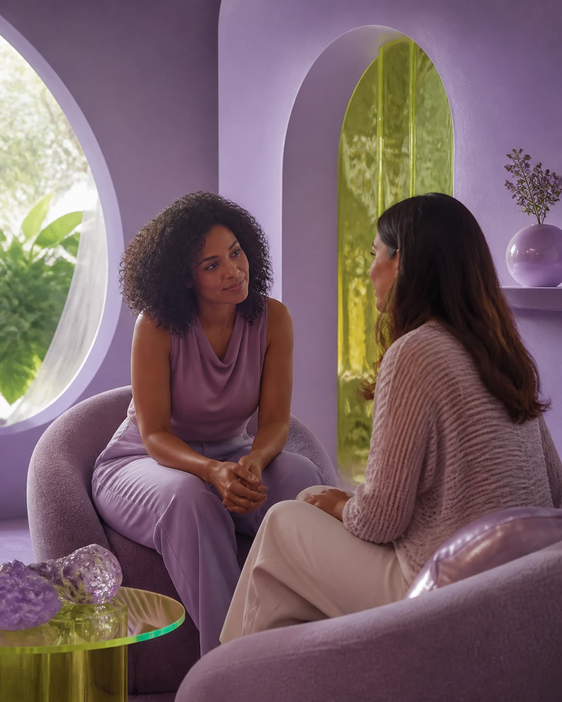 Duas mulheres conversam com atenção em um ambiente lilás acolhedor