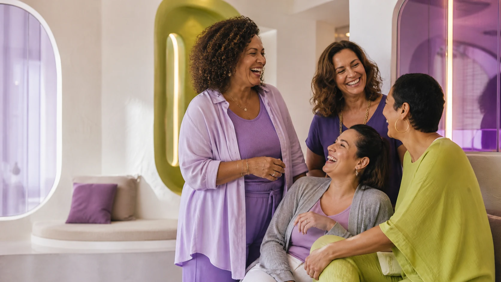 Quatro mulheres compartilhando um momento alegre